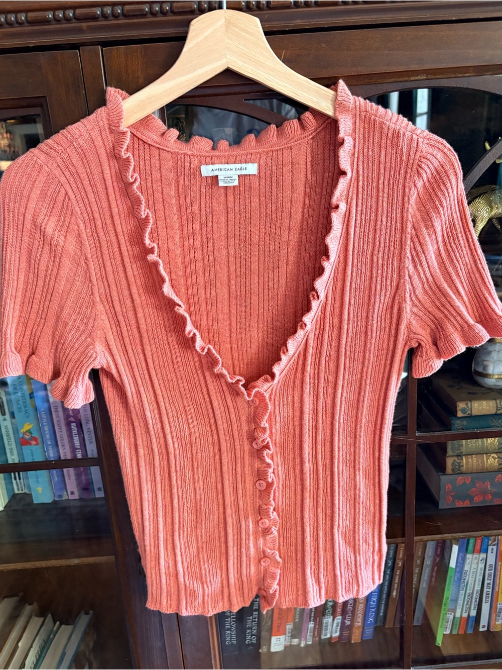 American Eagle Burnt Sienna Sweater Knit Short Sleeve Lettuce Trim Top